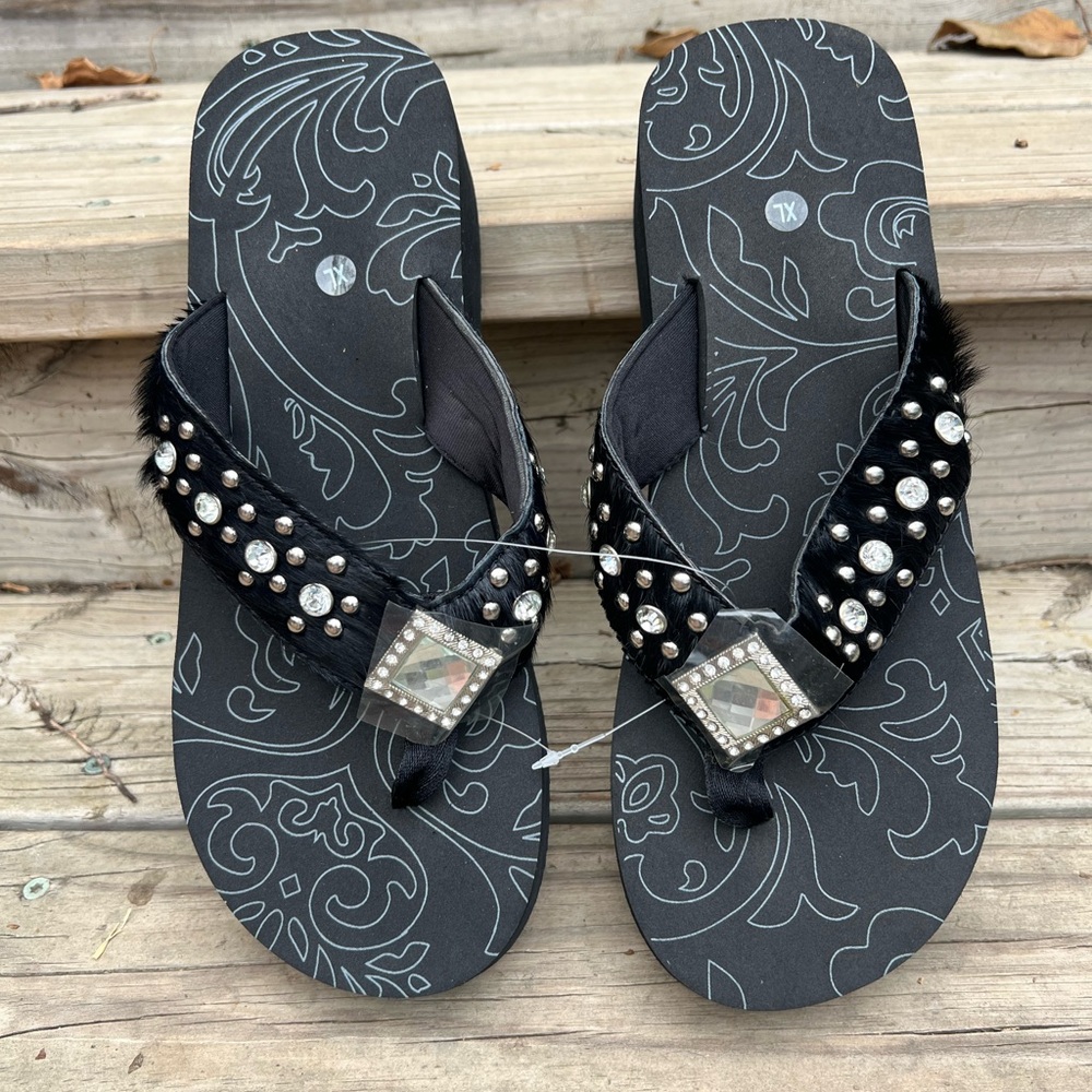 Black Rhinestone Embellished Flip Flops